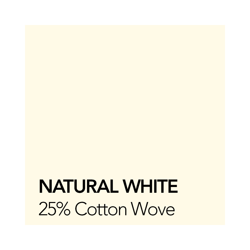 A square swatch of natural white paper with text indicating 25% cotton wove. 8 1/2X11 12M 24# NATURAL WH STRATHMORE 25% COTTON WOVE WRITING WM 5000/CT 300033